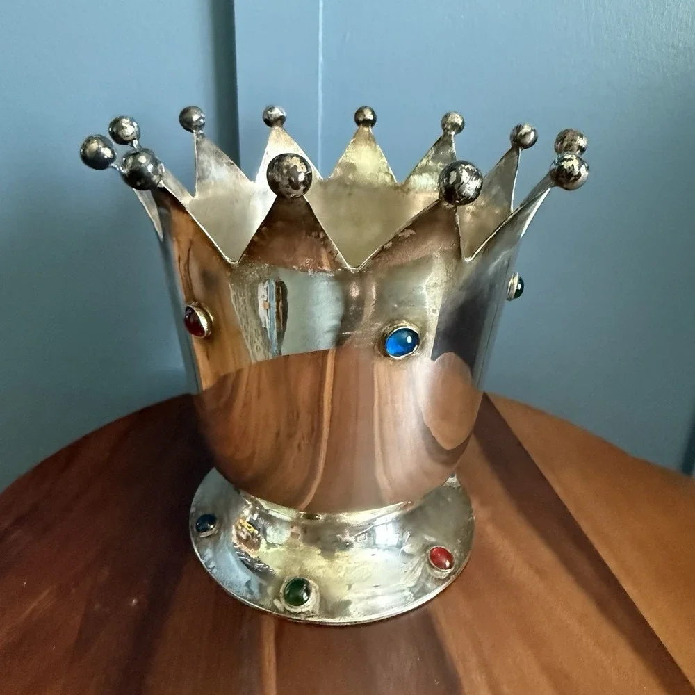 Vintage Jeweled Crown Ice Bucket Silver Plate Mid Century Barware Carnival Queen